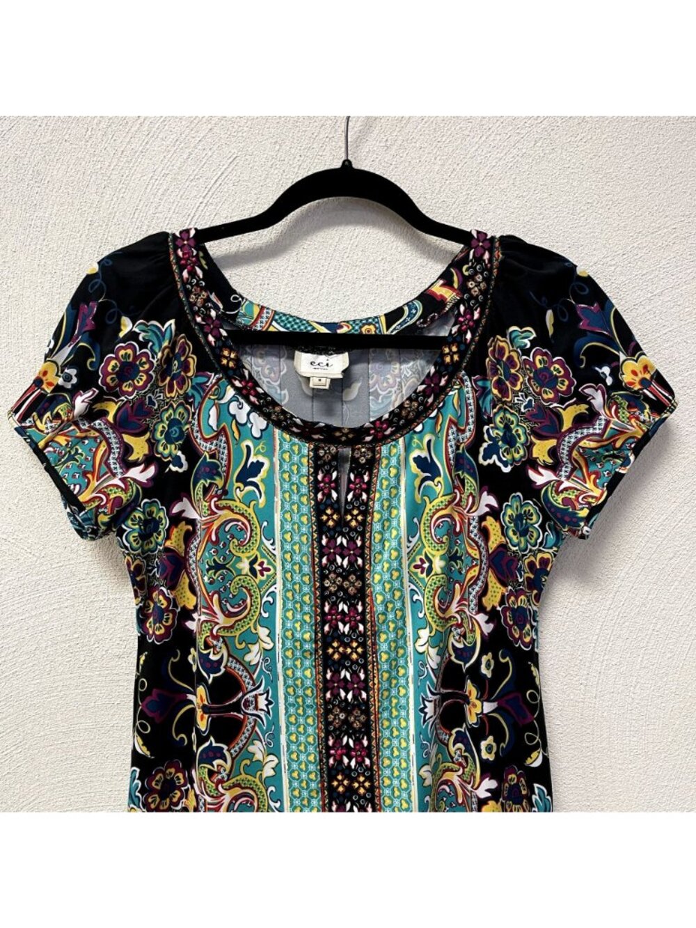 ECI New York Black & Green w/ Beaded Accent Summer Dress sz 8 - Picture 2 of 5
